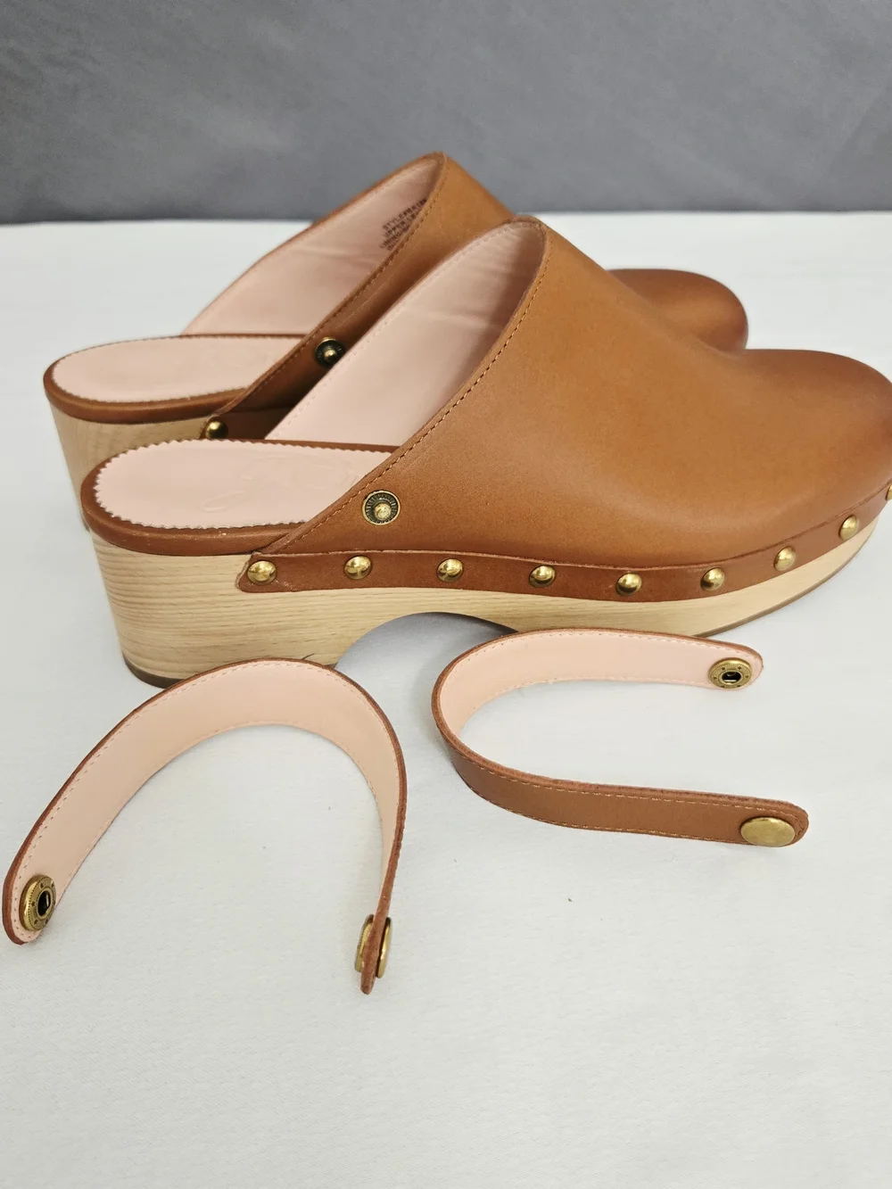 J. Crew Convertible Leather Clogs Tan Brown Studded Wood Platform Mules Size 8.5